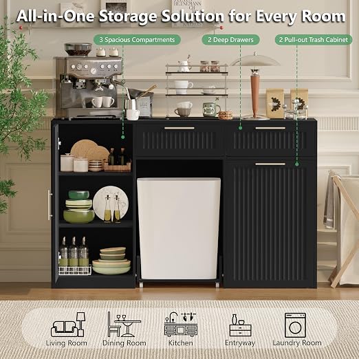 Double 13 Gallon Pull Out Trash Can Cabinet with Storage Cabinet,Black | Pet Proof Hidden Garbage Can Cabinet,3-Tier Shelves,Fluted Design,Extra Drawer Space,Kitchen & Dining Room Organization