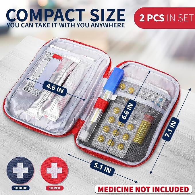 BURIUS First Aid Bag Empty 2 Pcs, Small Travel Medical Pouch with Zipper | Multiple Compartments Organize Bandages and Supplies - 7.1 x 5.1 In Compact Cases for Camping, Hiking, or Outdoor Adventures
