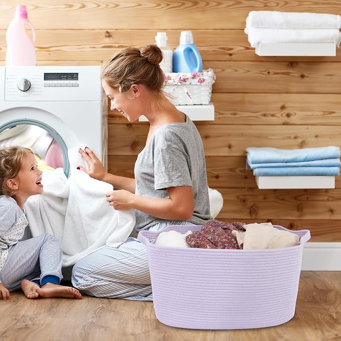 XUANGUO Large Woven Cotton Rope Blanket Basket 22"x17"x12" Lavender Purple | Storage basket for nursery and living room; toy basket for kids, laundry basket for clothes and towels, or gift basket.