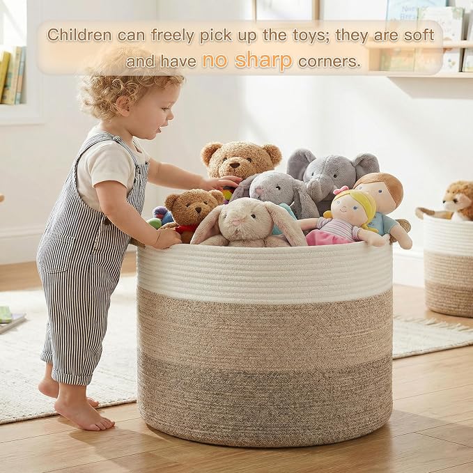 Artfeel 100L Large Cotton Rope Basket, Decorative Woven Blanket Storage for Living Room, Boho Toy Storage & Toy Box for Kids, Versatile Laundry Basket & Nursery Hamper for Blankets(BrownYellow)