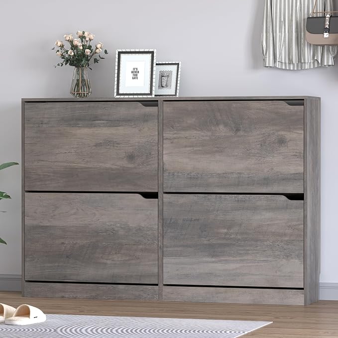 BORNOON Shoe Cabinet with 4 Flip Drawers, Narrow Hidden Shoe Storage Cabinet, Slim Freestanding Shoe Rack Organizer for Entryway, Hallway, Bedroom, Living Room