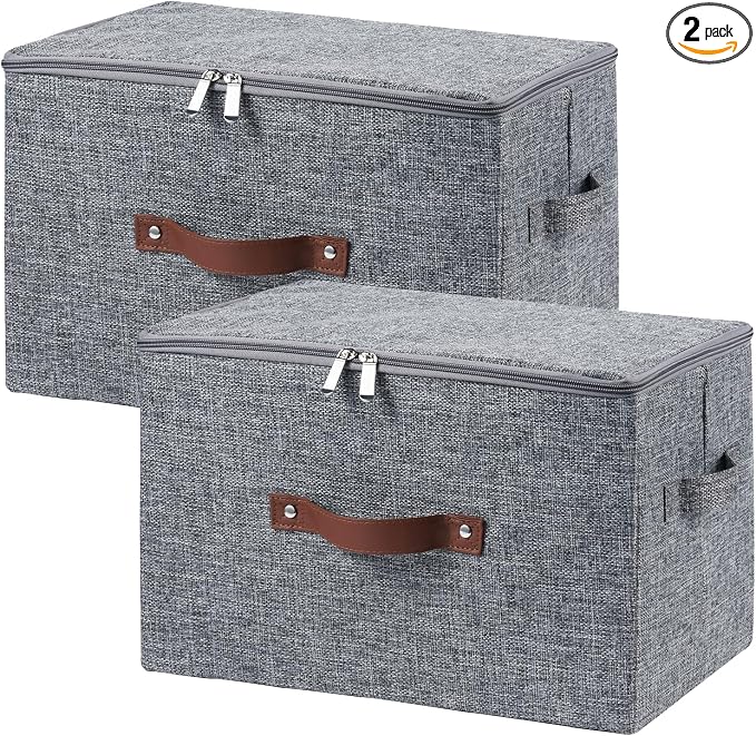 2PCS Storage Bins with Zipper Lids Decorative Lidded Basket Box | Clothes Container, Closet Shelf Organizer, Foldable Washable, Cotton Linen Fabric, w/ PU Leather Handles, Gray, Large