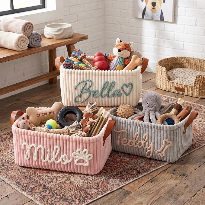 Personalized Dog Toy Basket with Name, Custom Pet Toy Storage Basket for Dogs and Cats, Handmade Puppy Toy Bin for Toys, Leashes, Treats, Blankets, New Puppy Gift