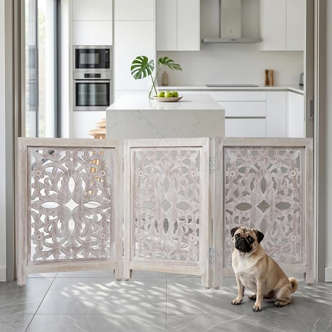Lightnpro 3-Panel Carved Wooden Dog Gate – 54 Inch Foldable Freestanding Pet Barrier, White Wash Indoor Safety Fence for Small Dogs & Puppies – 24x18 Inch Panels