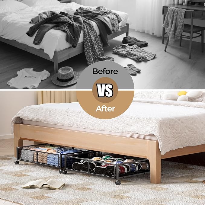 Yecaye Under Bed Storage with Wheels, 4 Pack Under Bed Shoe Storage, Black | Sturdy All-Metal Frame, Foldable, 360° Rolling Wheels, Tool-free Assembly, Underbed Storage Drawers for Shoes, Toys, Clothes