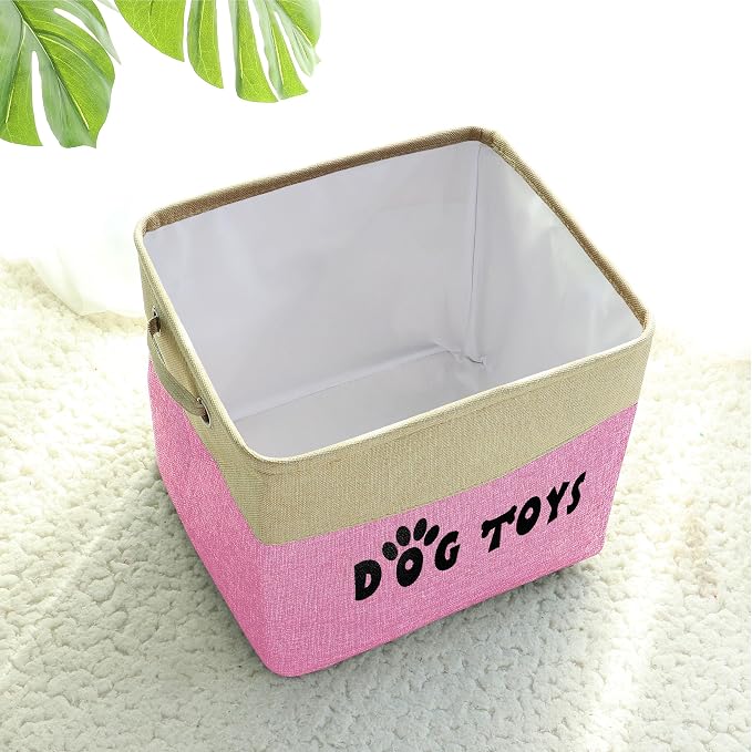 PET ARTIST Dog Toy Basket, Large Collapsible, Pink, L:15"x13"x12" | Dog Toy Bin Box, Comfortable Handles, Large Pet Toy Storage Organizer, For Accessories, Toys, Coat & Clothing, Blanket Leash