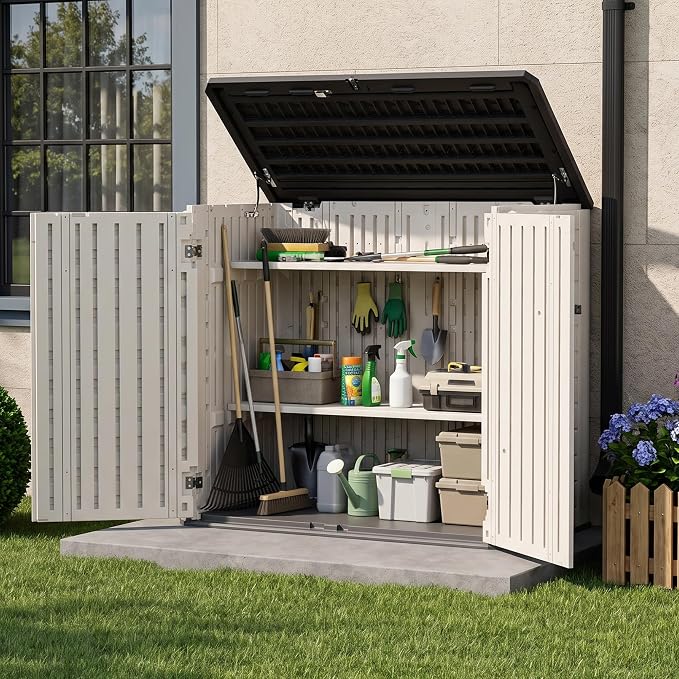 31 Cu.Ft Resin Outdoor Storage Cabinet with 2 Shelves & Floor, Weatherproof Plastic Vertical Outdoor Storage Shed for Garden Backyard Patio Pool Tool