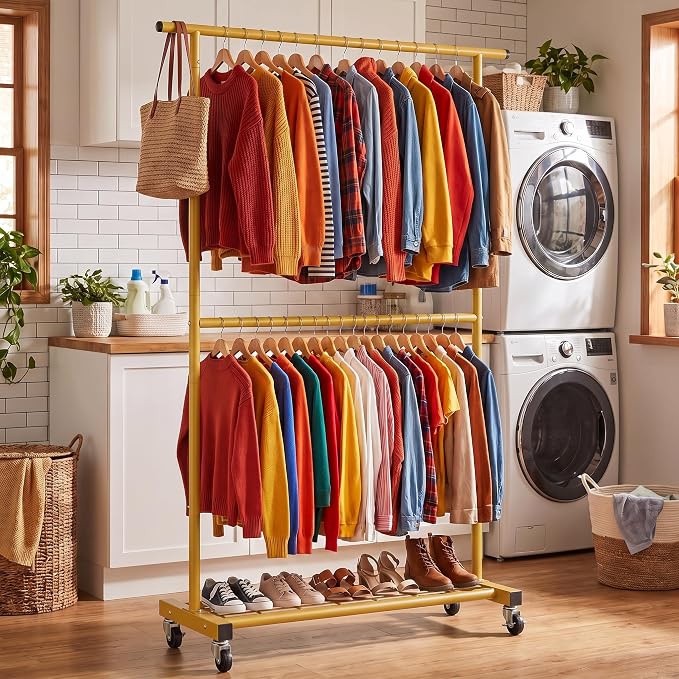 Sywhitta Double Rod Metal Clothing Rack on Wheels with Bottom Mesh,Gold | Rolling Garment Organizer, for Hanging Clothes,Coats,Easy to Assemble,Space-Saving,Mobile Organizer for Closet