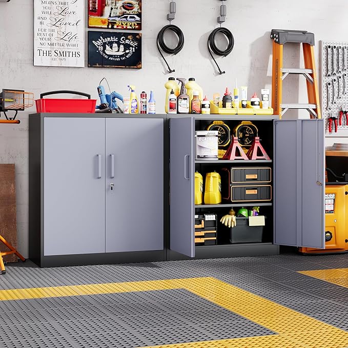 Metal Storage Cabinets with Lock Door and Shelves, Steel Garage Tool Cabinets for Home,Office, Warehouse,Lockers (36“-Black&Gray)