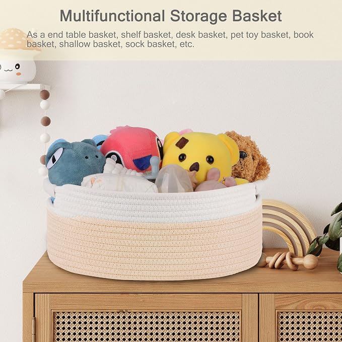 Small Woven Gift Basket with Bag & Ribbons, Beige | Cotton Rope, 13”x 9”x 5.5”, Fits for Kids, Women & Men, Bedroom, Living Room, Nursery & Bathroom Storage, Cat & Dog Toy Boxes