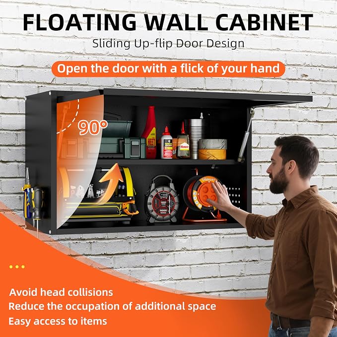 Garage Wall Cabinet, 19.7" H Metal Wall Cabinet with Up-Flip Door | Wall Mounted Metal Storage Cabinet, Upper Cabinet for Kitchen,Garage,Workshop,Warehouse, Assembly Required, Black