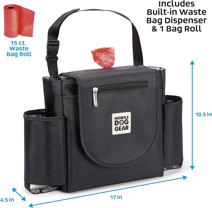 Mobile Dog Gear, Car Seat Back Organizer Travel Bag, Includes Built-in Waste Bag Dispenser and 1 Bag Roll, Black, Meets Airline Requirements