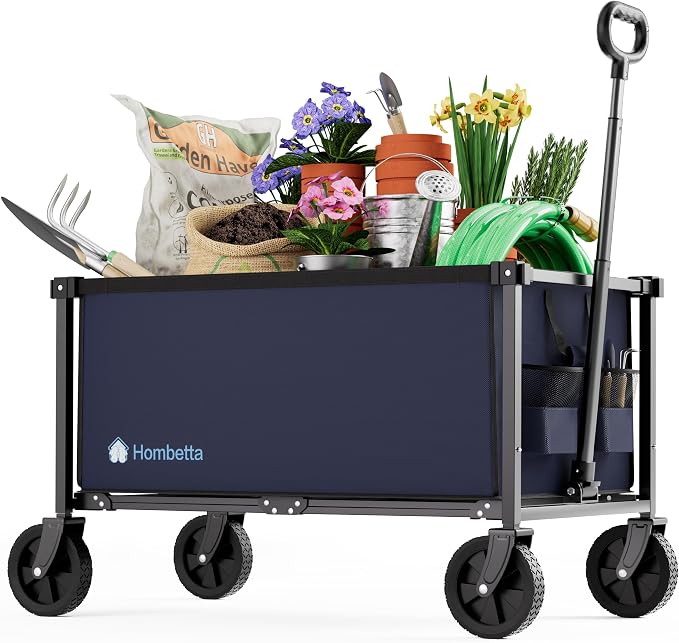 29.3" Collapsible Wagon Cart, 150L Heavy Duty Folding Utility Wagon with Wheels, 260 lbs Load, Portable Rolling Cart for Garden, Shopping, Sports, Camping, DarkBlue