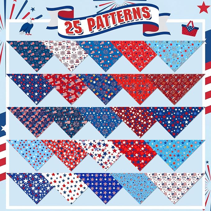 Abbylike 50 Pcs Patriotic Dog Bandanas Bulk 4th of July Bandanas for Dogs Star Triangle Kerchief Bib Scarf Set for Pet Independence Day 250th Anniversary Party Costume, 25 Styles(31.5 x 21.7 x 21.7)