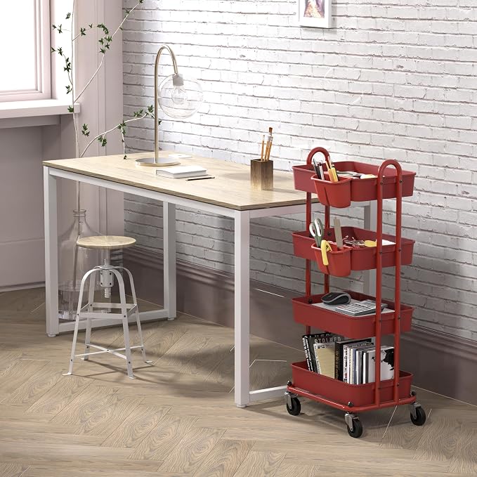 Simple Houseware 4-Tier Rolling Utility Cart with Hanging Bucket, Red | Storage for Bathroom, Kitchen, Office, Study Room, Nursery Diaper