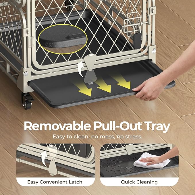 30 Inch Collapsible Dog Crate for Small Dogs, Foldable Metal Dog Kennel with Reinforced Diamond Wire Mesh, Escape Proof Foldable Dog Cage, Leak-Proof Removable Tray, Double Secure Door Latch