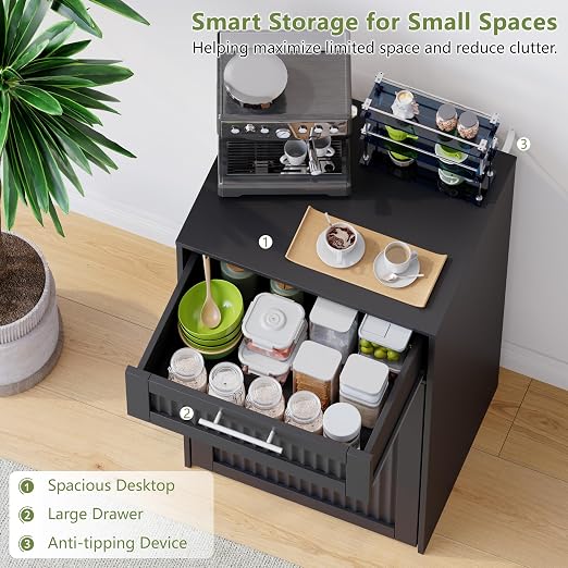 Single 13 Gallon Pull Out Trash Can Cabinet with Drawer, Garbage Cabinet | Pet Proof Hidden Trash Storage, Fluted Farmhouse Design, Space-Saving Kitchen Organizer, Dining Room Storage,Black