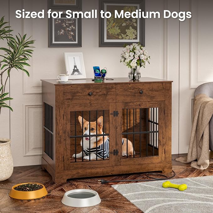Dog Crate Furniture with Storage Dog Kennel w/2 Drawers, 44.5'' Heavy-Duty Wooden Dog House Indoor End Table Tv Stand with Charging Station Pet Cage for Small/Medium Dogs(Brown)