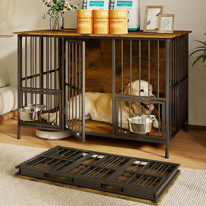 Hadulcet 41'' Foldable Dog Crate Furniture, Large Dog Kennel with 2 Bowls | Wooden Crate Table with Storage Top, Furniture Style Indoor Kennel for Small to Large Dogs with Rotating Food Door, Brown