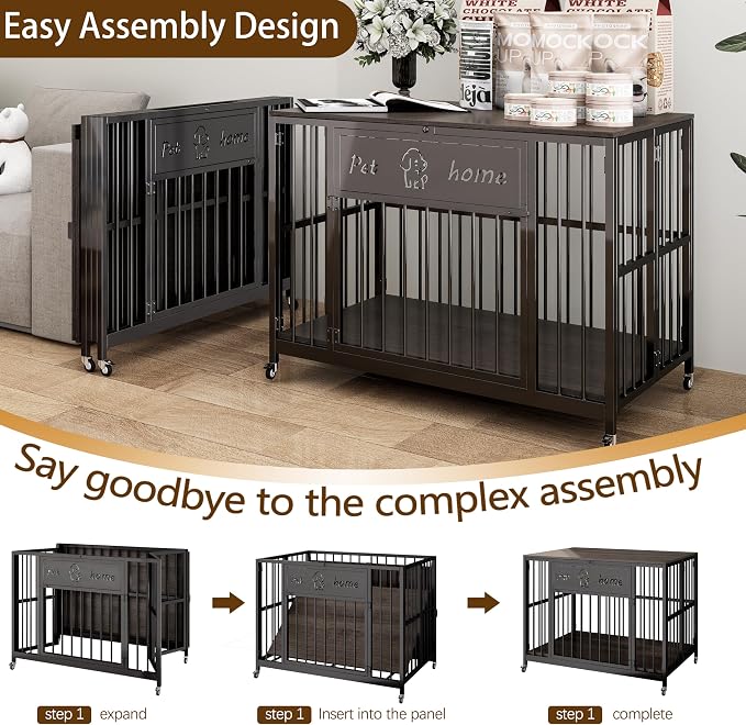 39" Foldable Dog Crate Furniture, Muyi Gray, Wooden End Table TV Stand | RGB Ceiling Lights, Silent Casters, For Small Medium Dogs, Multi-Purpose