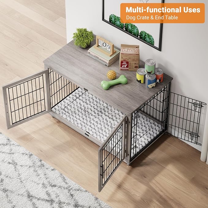 44'' Decorative Large Dog Crates Furniture w/Cushion & Wheels Wood Kennel | Grey, Double Doors, Wooden Dog Cage, Chew-Resistant, End Table, Decorative, 27"/32"/38"/44" Options, Indoor