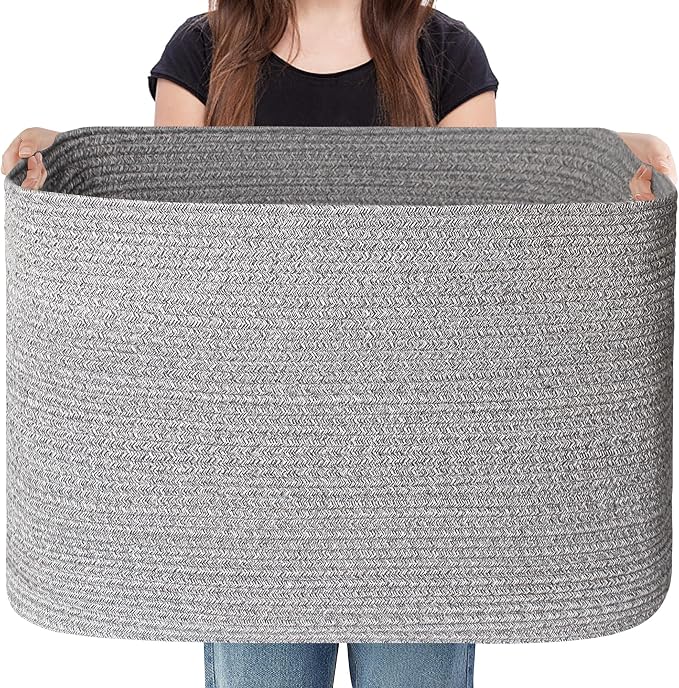 108L Large Storage Basket, 25"x16"x16" Blanket Storage for Living Room, Big Woven Rope Kids Dog Toy Bin Box, Nursery Baby Laundry Basket, Super Large Bin for Blankets, Shoes, Towels, Gray