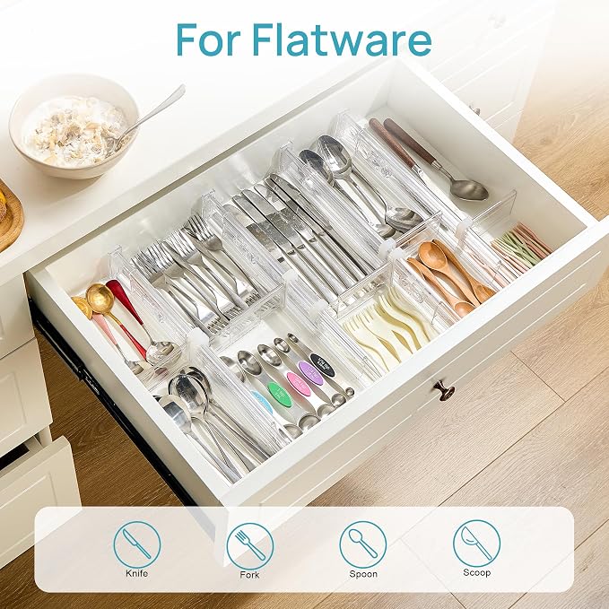Vtopmart 2.36" Drawer Dividers with Expandable Inserts, 12.8"-22.3", 8 Pack | Adjustable Kitchen Drawer Organizer, Clear Organizer Separator for Flatware, Utensil, Cutlery, 8 Dividers with 14 Inserts