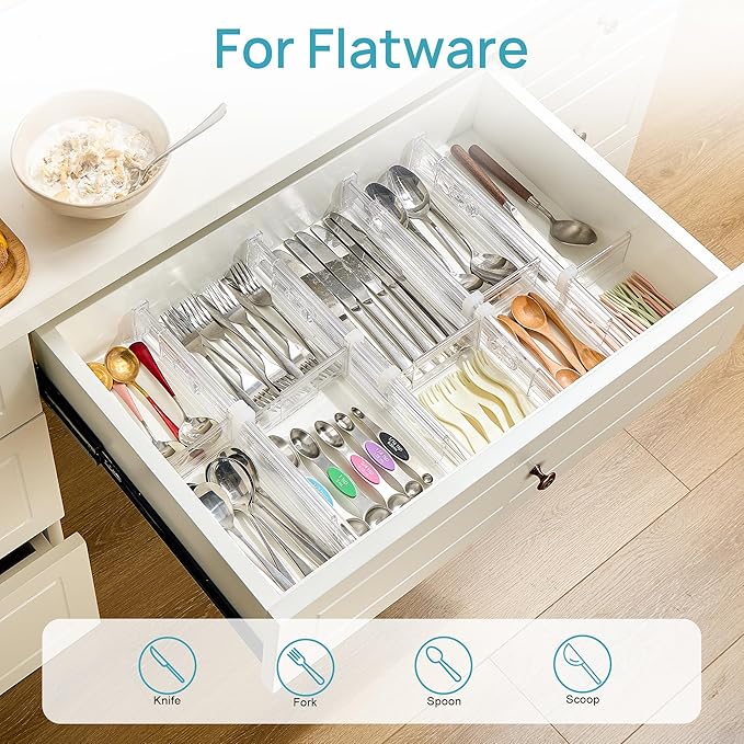 Vtopmart 2.36" Drawer Dividers with Expandable Inserts, 12.8"-22.3", 6 Pack | Adjustable Kitchen Drawer Organizer, Clear Organizer Separator for Flatware, Utensil, Cutlery, 6 Dividers with 10 Inserts