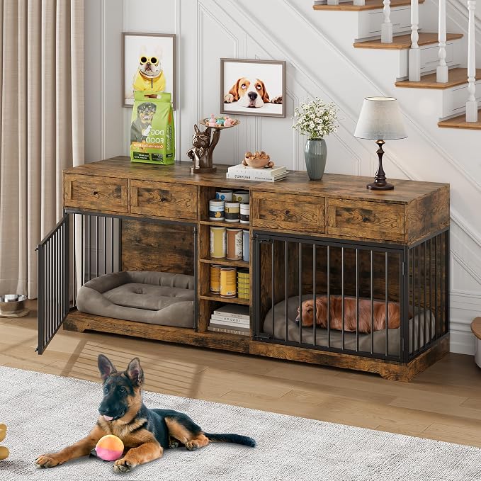 Dog Crate Furniture for 2 Dogs, Double Dog Crate TV Stand, Brown | 82" Large Dog Kennel Indoor with 4 Storage Drawers and 4 Shelves, Suitable for Small, Medium and Large Dogs