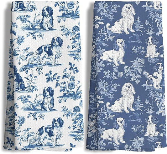 Chinoiserie Cavalier King Charles Spaniel Kitchen Towels Set of 2,Blue and White Floral Cavalier Spaniel Decorative Hand Towels,Grandmillennial Dog Hand Towels for Kitchen Bathroom,16x24 Inch