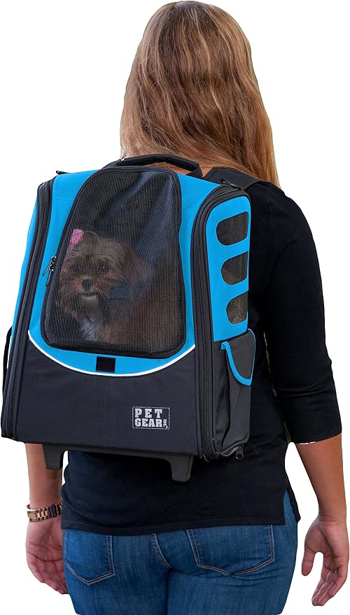Pet Gear I-GO2 Roller Backpack, Medium Escort, Sky | Travel Carrier, Car Seat for Cats/Dogs, Mesh Ventilation, Telescoping Handle, Storage Pouch, Included Tether