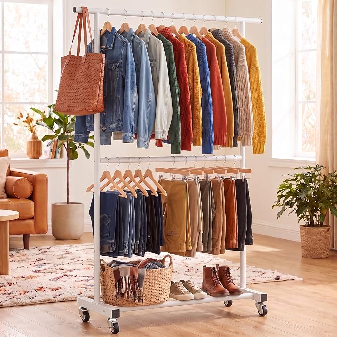 Sywhitta Double Rod Metal Clothing Garment Rack on Wheels, White | Rolling Clothes Organizer, for Hanging Clothes,Coats,Easy to Assemble,Space-Saving,Mobile Organizer for Closet