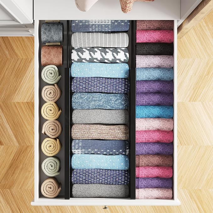 SpaceAid Bamboo 4 Pack Dresser Drawer Dividers, 4.65“ High Adjustable 17“-22” Drawer Organizers, Expandable Organization for Clothing, Clothes, Dressers, Black