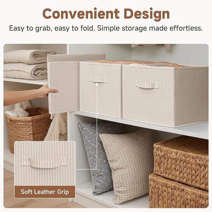StorageWorks Shelf Organizer Bins, Beige Stripes, Extra Large, 3-Pack | Foldable Shelf Organizer Bins, Closet Storage Baskets for Clothes, Storage Bins for Organization