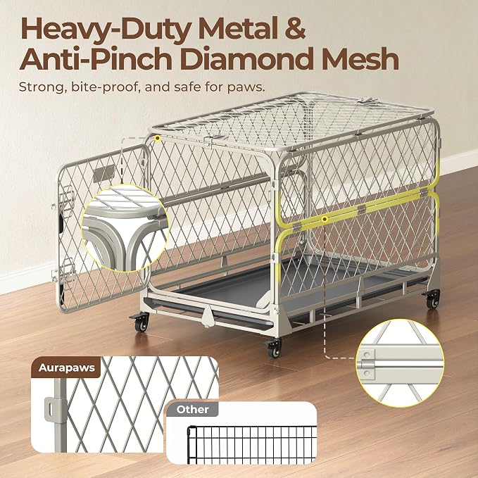 36 Inch Collapsible Dog Crate for Medium Dogs, Foldable Metal Dog Kennel with Reinforced Diamond Wire Mesh, Escape Proof Foldable Dog Cage, Leak-Proof Removable Tray, Double Secure Door Latch
