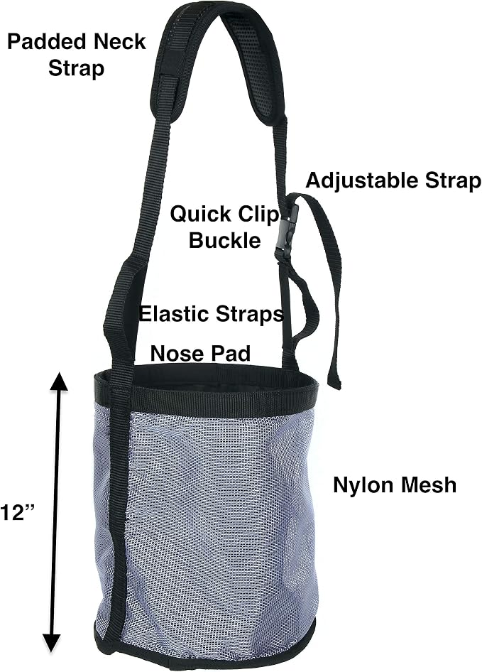 Majestic Ally Horse Feed Bag, Heavy Duty Nylon Mesh Grain Feed Bag, Adjustable Strap with Durable Snap and Elastic Straps, Comfort Neck Pad and Nose Pad- Large (Pony, Dark Gray)