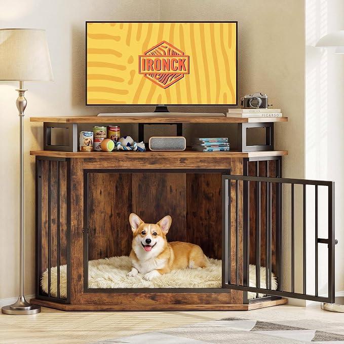 IRONCK 43.3" Corner Dog Crate Furniture with 2-Tier Shelves Rustic Brown | 10mm thickened iron frame. 180 lb tabletop. 23.6"L x 43.3"W x 32"H. Space-Saving Indoor crate for small dogs