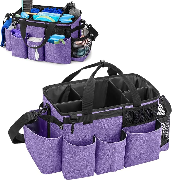LoDrid Wearable Cleaning Caddy Bag with 4 Foldable Dividers, Purple | Cleaning Supply Organizer with Shoulder Strap and Side Handles for Cleaners & Housekeepers
