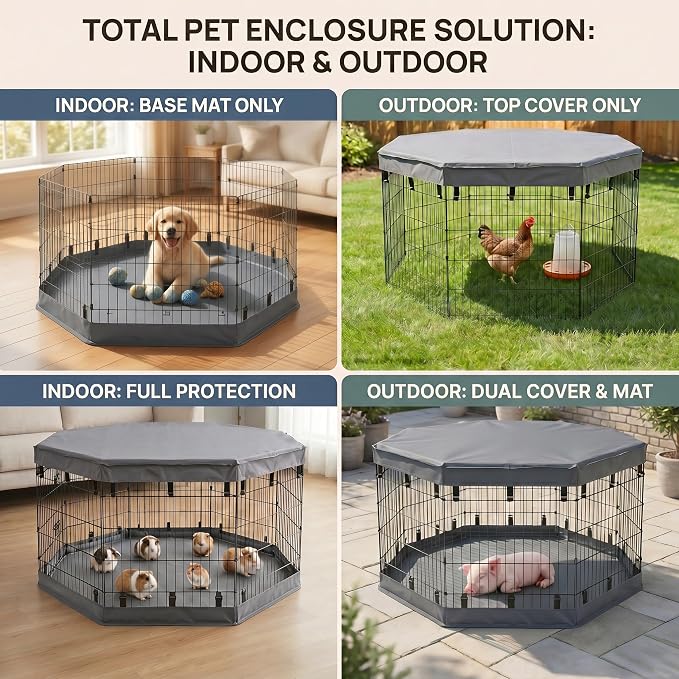 PJYuCien 2-in-1 Octagonal Dog Playpen Bottom Pad for 24" Side Pen, Gray | Dual-function Pad, For Puppy Small Animals, Protects Floors, Easy Clean, 600D Oxford, Snap Hooks