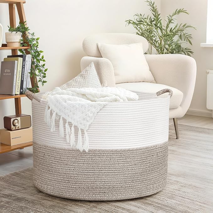 XXXXL 125L Extra Large Blanket Basket, 24.8" x 16" Jumbo Woven Basket (Includes 2 Cute Baskets), Cotton Rope Basket with Handle for Living Room, Baby Toys Nursery, Laundry (White/Light Grey)
