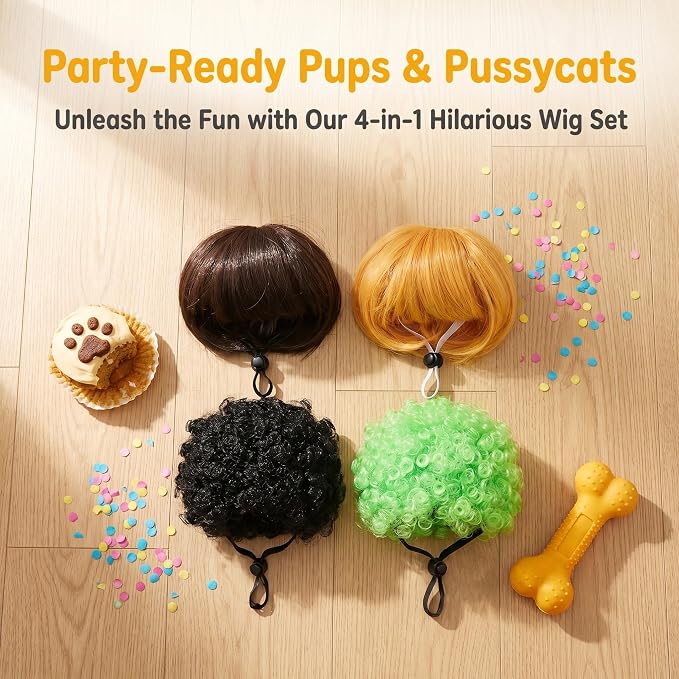 TEHAUX 4pcs Funny Pet Wig for Dogs and Cats, Soft Faux Wig Accessories Adjustable Straps and Snug Fit, for Themed Photoshoots and Festive Photo Props, Easy to Use Costume Headgear
