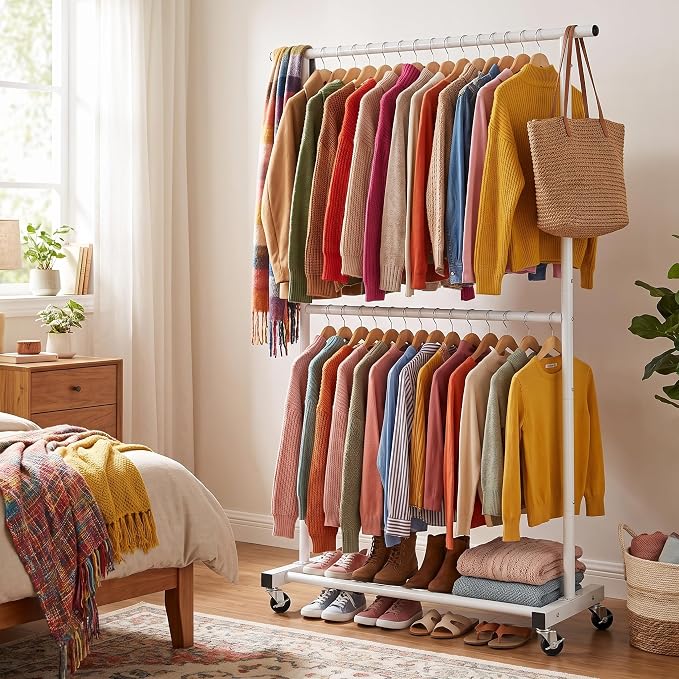 Sywhitta Double Rod Metal Clothing Garment Rack on Wheels, White | Rolling Clothes Organizer, for Hanging Clothes,Coats,Easy to Assemble,Space-Saving,Mobile Organizer for Closet