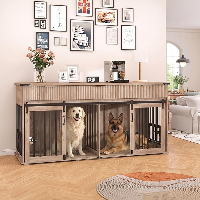 71'' Double Dog Crate Furniture, XXL Wooden Kennel with 360° Rotating Feeders, Removable Divider, Charging Station, TV Stand, Gray Oak