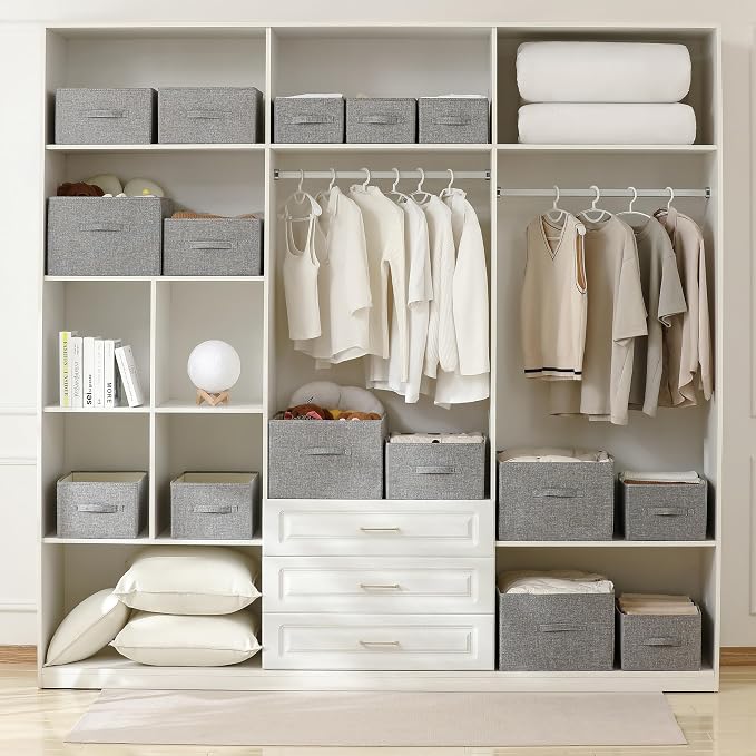linen closet organizers and storage, Large Storage Baskets, washable, clothes organizer with handle, sweater organizer for closet (dark grey, 15¾"x11¾ x9¾)