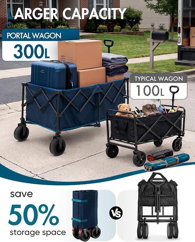 Portal Ultra Compact Folding Wagon Cart with Brakes, 300L Large Cart | Portable Outdoor Design; Durable Construction; Easy Setup & Storage; Color: Blue