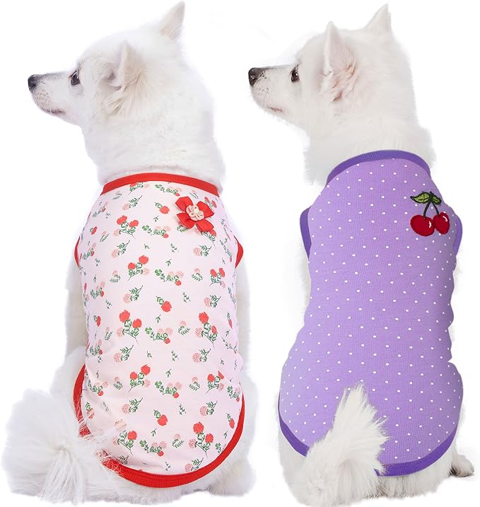 Blueberry Pet Pack of 2 Soft & Comfy Spring Hope Floral Cotton Blend Dog T Shirts Tank Top, Back Length 16", Clothes for Dogs