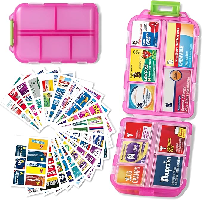 Pill Organizer with 161 Medicine Labels, Daily Travel Pill Case (Pink) | Compact 10-compartment pill case and pill box with 161 medicine labels for 7-day planning, vitamins, supplements, and travel