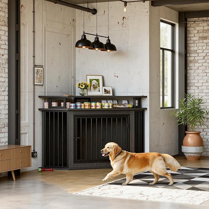 IRONCK 51" Large Corner Dog Crate Furniture with 2-Tier Storage Shelves | 10mm thickened iron frame. 2-tier shelves and 200 lb top. Space-saving corner design. 26.7" L x 51.2" W x 33.5" H. Gray