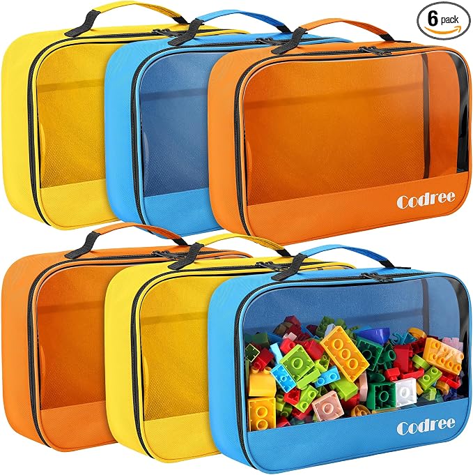 6 Pack Large Oxford Cloth Toy Storage Bags, Waterproof Travel Toy Storage | 13 x 8.5 x 3.9 Inch Visible Organizer Pouch with Zipper for Building Blocks Small Toys
