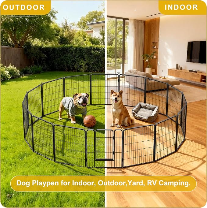 Heavy-Duty Iron Dog Playpen Outdoor Indoor,32 Inch 8 Panels Dog Play Pen | Dog Fences for RV Camping/Yard/Garden,Portable Dog Play Pen for Dogs,Puppies,Small Animals,Black Silver